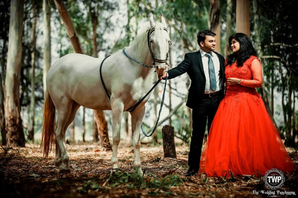 Couple standing with a white horse in a forest, a ghodi shot in the style of a baraat entry